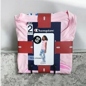 CHAMPION Girls Pink & Blue Mist Marble Matching Tee & Leggings Set Size 8